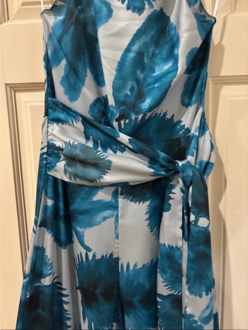 Amanda Uprichard Blue Teal Floral Satin Jumpsuit with Waist Tie